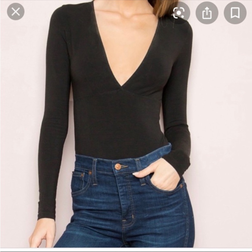Brandy Melville Black Ribbed Plunge Front Long Sleeve Bodysuit